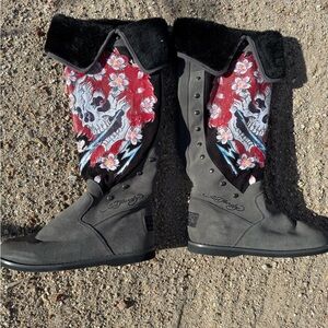 Vintage Ed Hardy Women's Black and Gray Boots- Limited Edition
